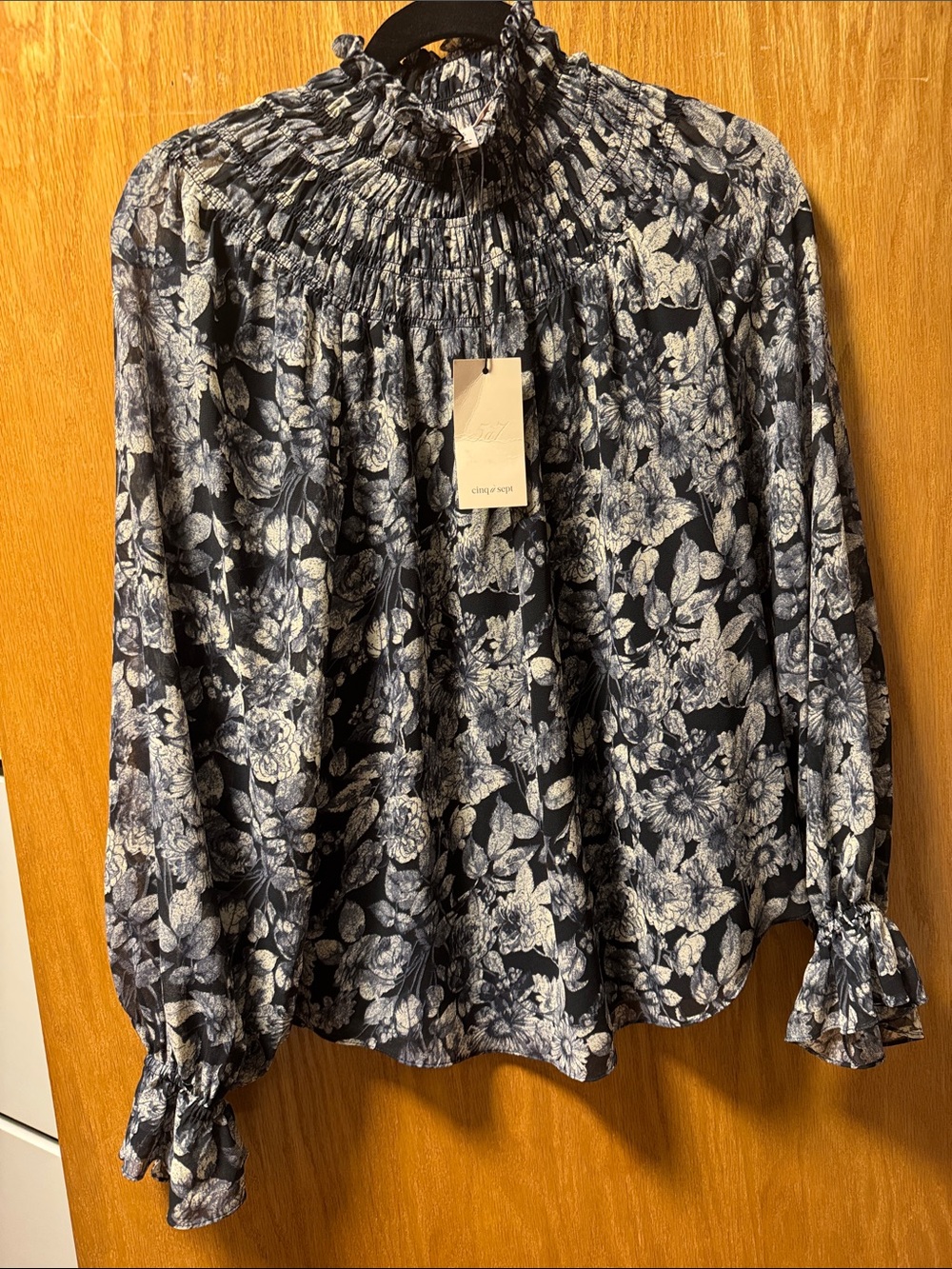 cinq a sept Navy and White Floral Smocked Neck Blouse